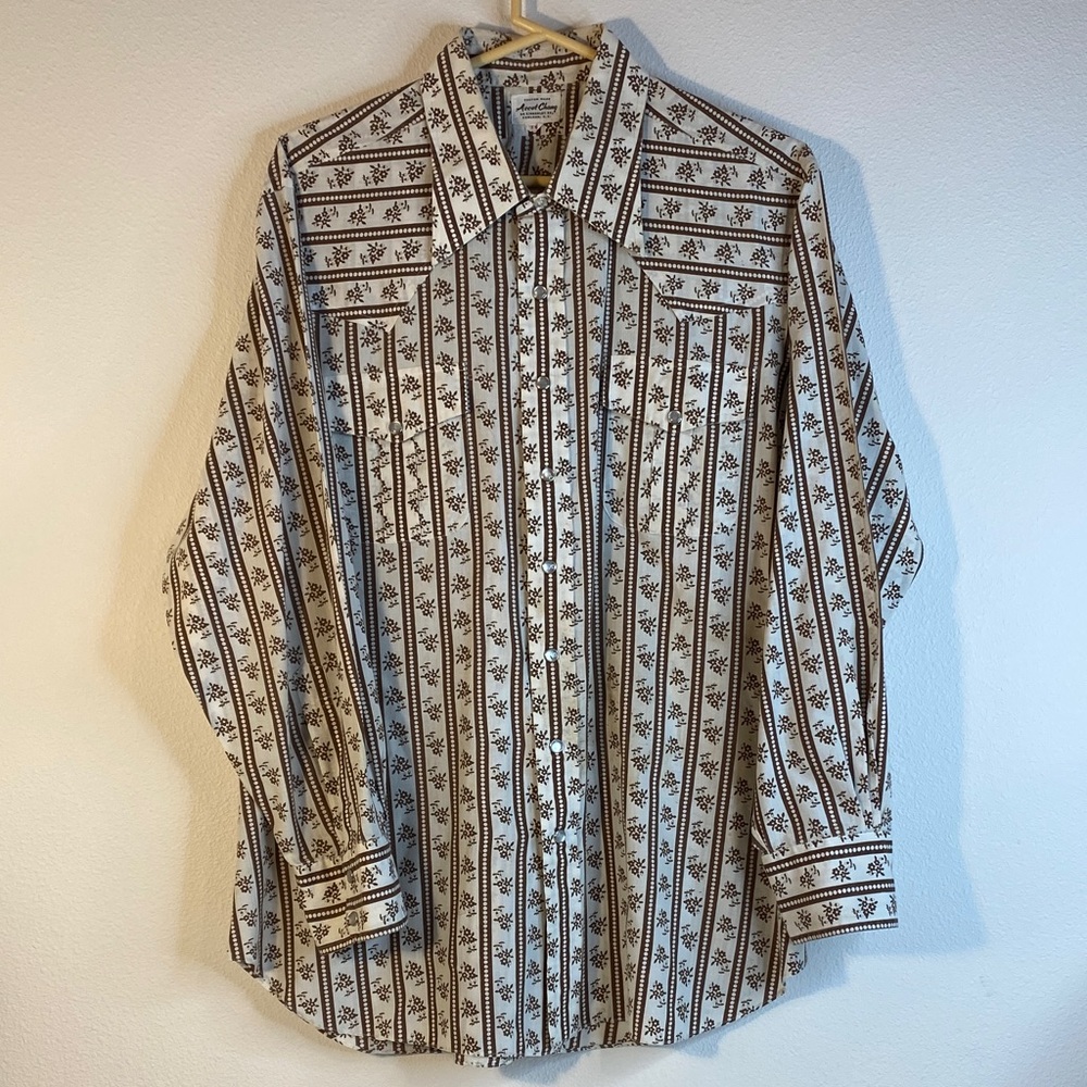 70s Western Striped Floral Pearl-Snap Button-Up Shirt